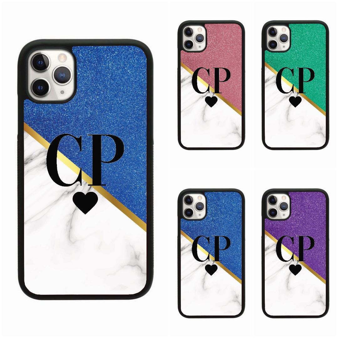 Glitter & White Marble Heart Initial Case Personalised