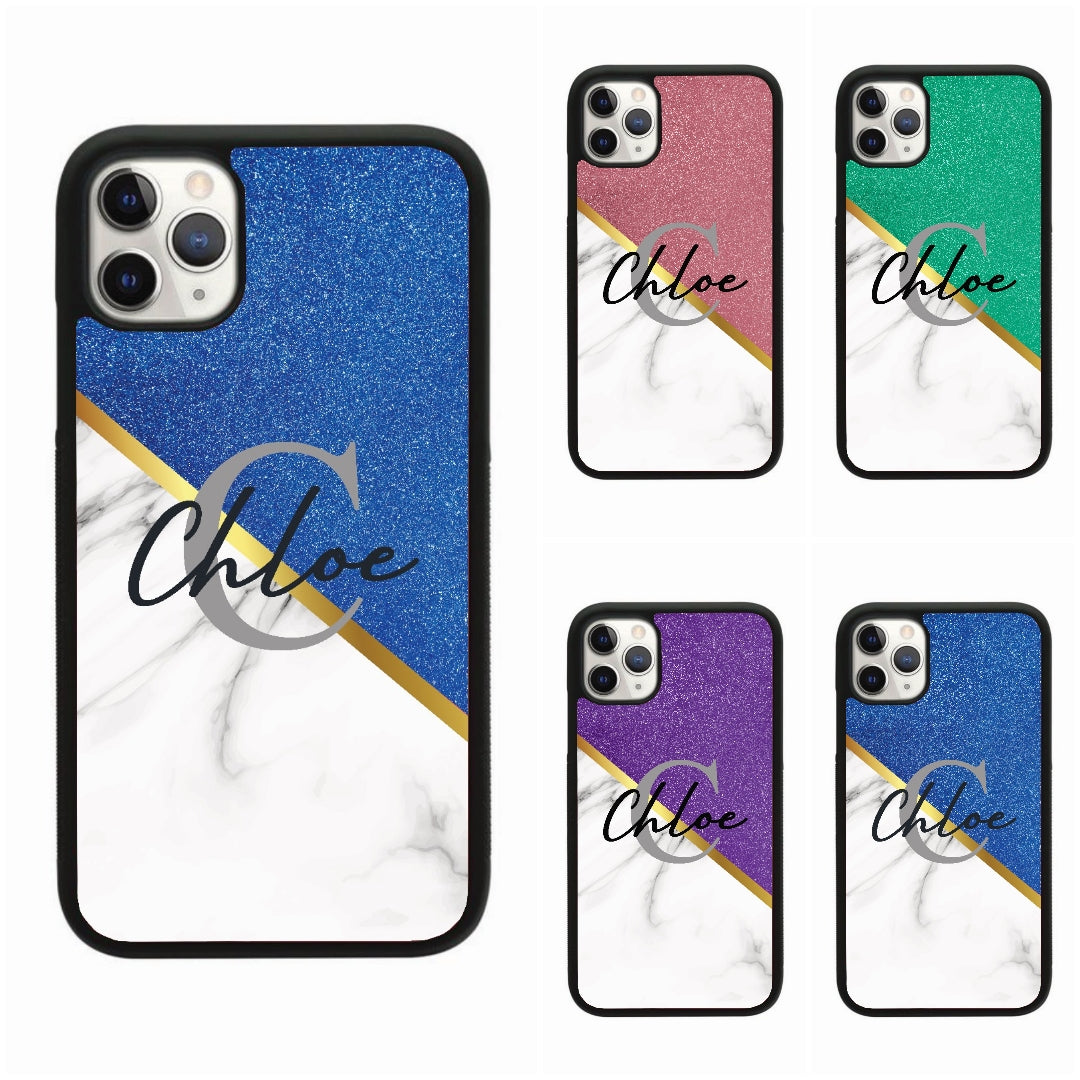 Glitter & White Marble Initial Name Signature Case Personalised