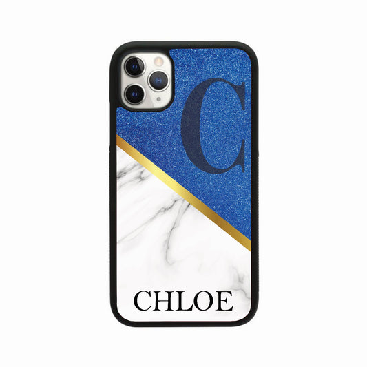 Blue & White Glitter Marble Initial Name Case Personalised