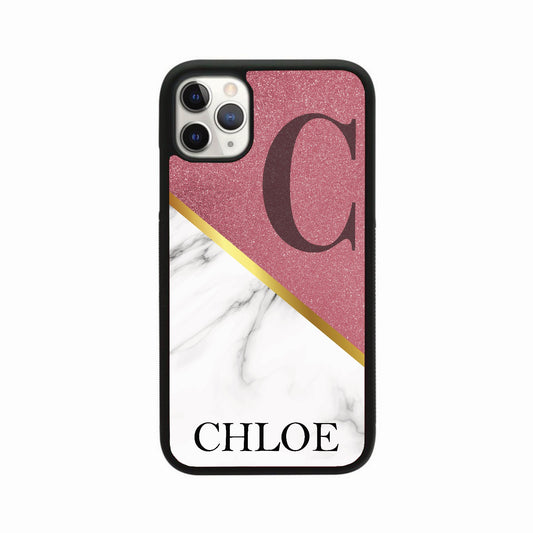 Pink & White Glitter Marble Initial Name Case Personalised