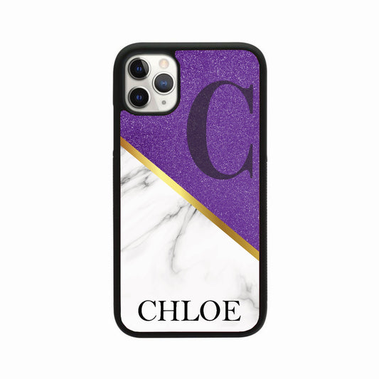 Purple & White Glitter Marble Initial Name Case Personalised