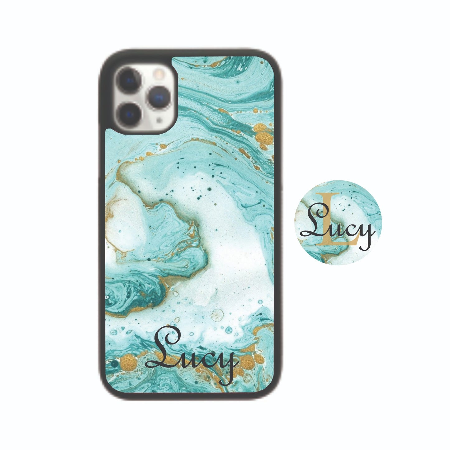 Personalised Green/Gold Marble Case & Popsocket