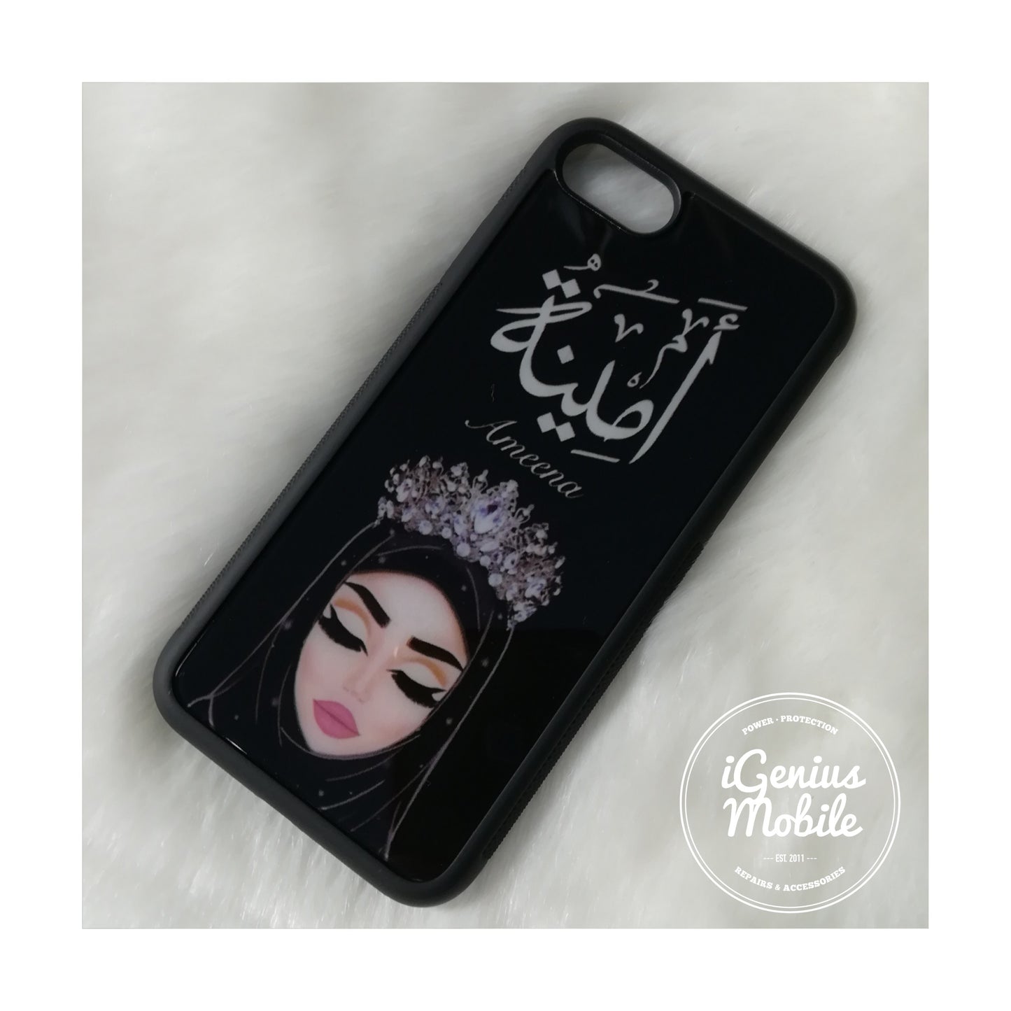 Personalised! Fair English & Arabic Hijab Case Silver Crown